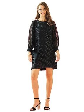 Lilly Pulitzer Black Maisel Silk Mini Dress with Sheer Puff Sleeves